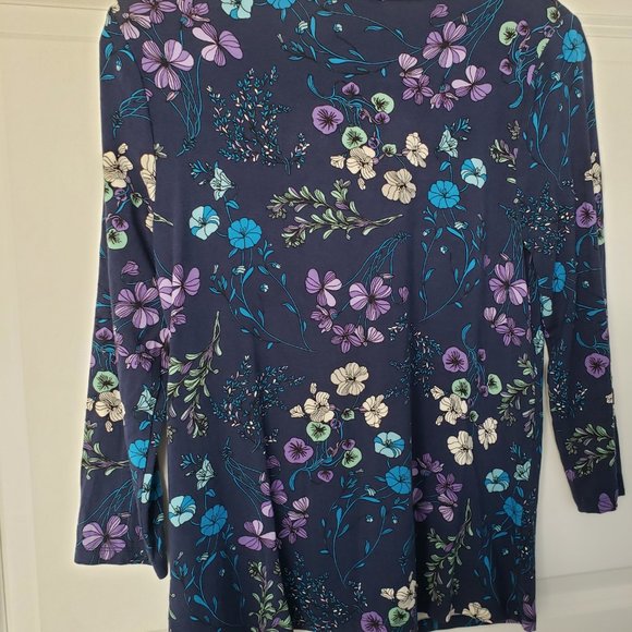 Talbots Peasant Floral Pleated Neckline 3/4 Sleeves Blue Top - Picture 2 of 7